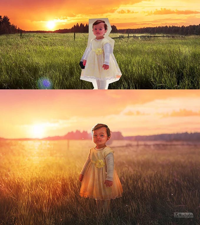 little girl in grass field photo manipulation