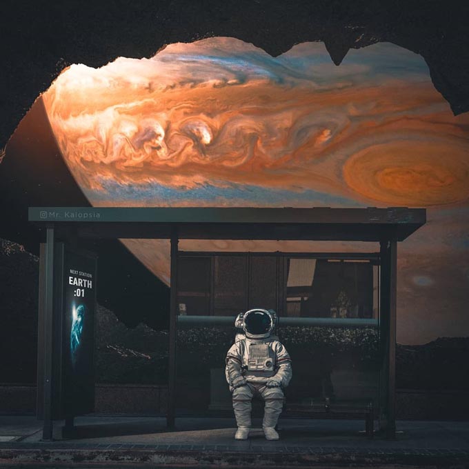 astronaut waiting for the bus