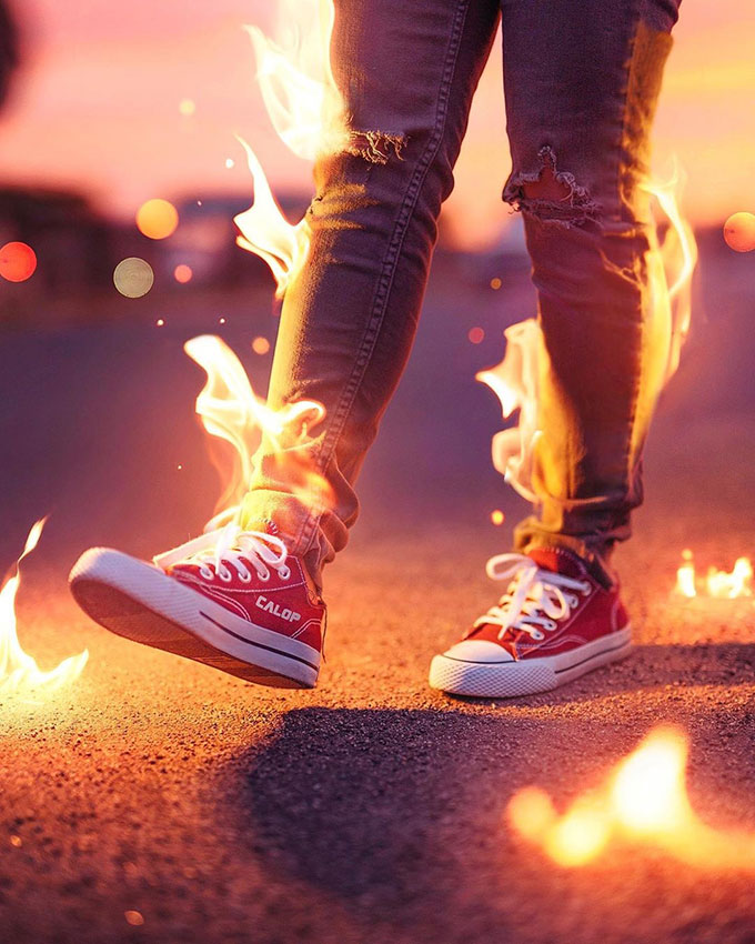 Jeans and shoes on fire photoshop glow effect