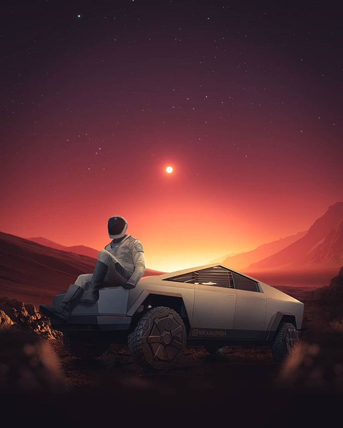 Spaceman sitting on tesla truck at dawn